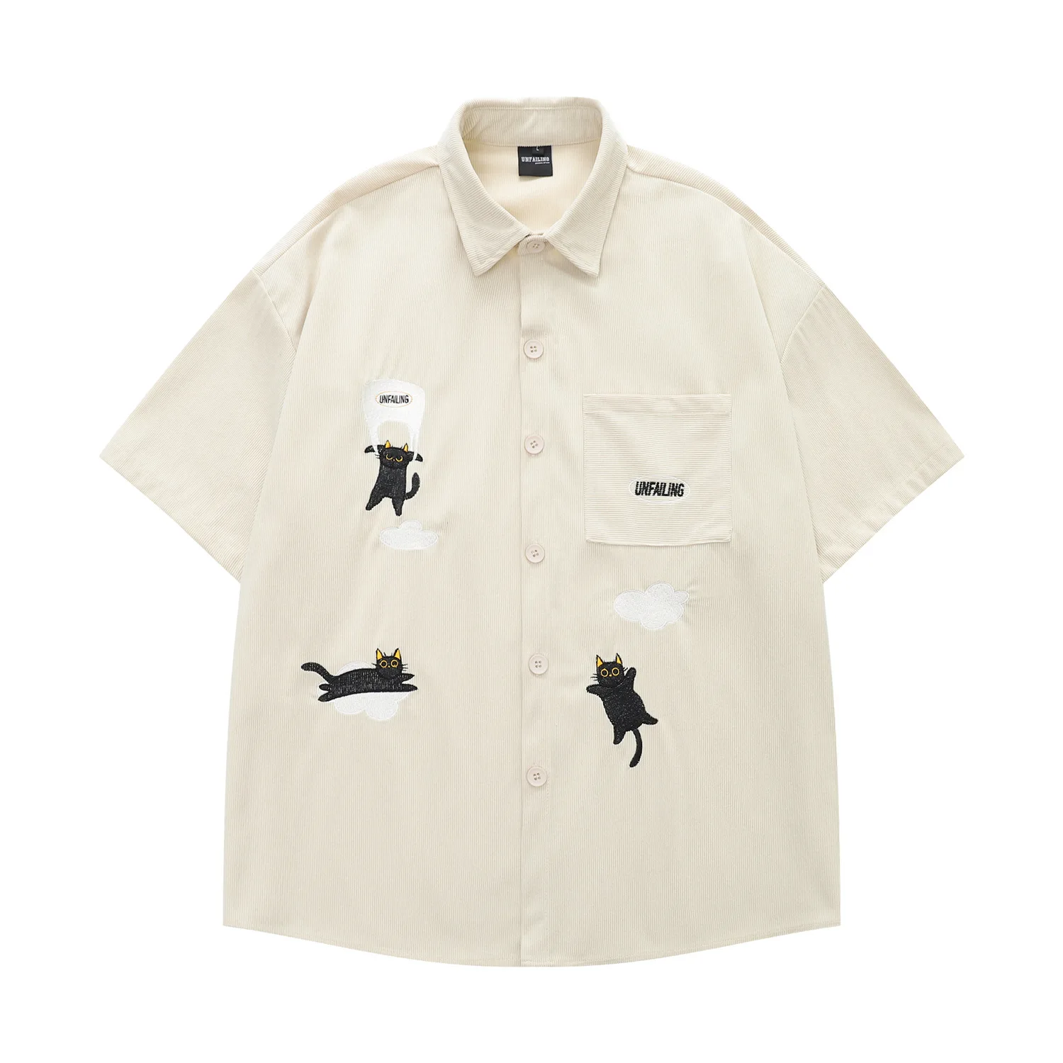 

Embroidery Cartoon Corduroy Stripe Short Sleeve Shirts Mens Retro Streetwear Summer Lapel Loose Single Breasted Couple Shirts