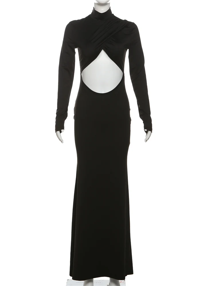 Nibber vestido sexy oco para mulheres, cruz, gola alta, manga comprida, elegante, tendência, festa básica, longa, bodycon