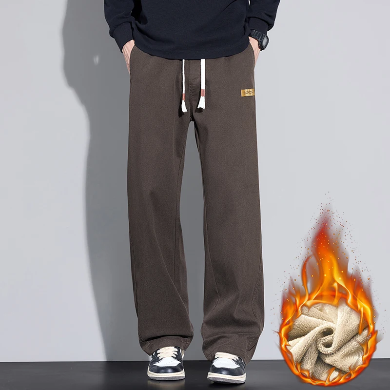 冬の新フリースパンツ男性厚いカジュアルストレートベルベットズボン暖かいファッションワイド快適な韓国男性ズボン M-4XL
