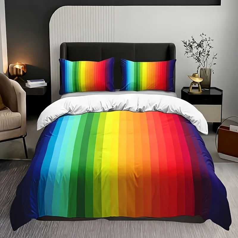 

3pcs Fashion Duvet Cover Set, Rainbow Striped Print Bedding Set, Soft Comfortable Duvet Cover, For Bedroom, Guest Room (1*Duvet