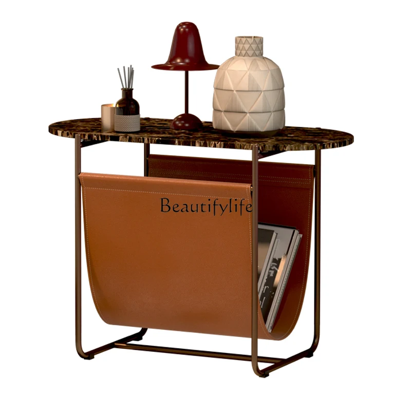 Italian light luxury bookshelf marble leather rose gold stainless steel bedside table