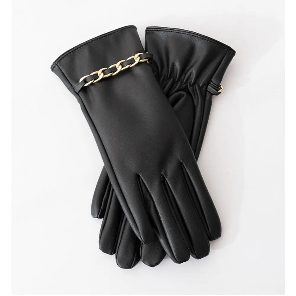 

PU Leather Gloves Fashion Solid Color Chain Warm Gloves Outdoor Riding Gloves