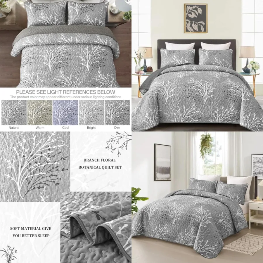 

Grey Quilt Set Queen Size - Branch Botanical Pattern Bedspread Coverlet Set, 3 Pieces Gray Floral Quilt Bedding Set, Soft Lightweight Microfiber Reversible Summer Quilt Set