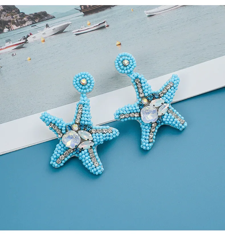 2025 Ręcznie robione kolczyki z koralików Sea Star Originality Bohemia Fabric Art Design Ręczne dzianie Kobieca moda Prosta