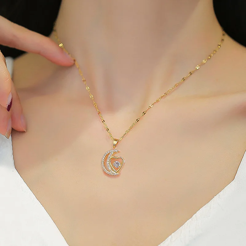 Stainless Steel Fashion Heart Moon Charm Necklace Delicate Clavicle Rotate Crystal Rhinestone Chain Necklace For Women Jewelry