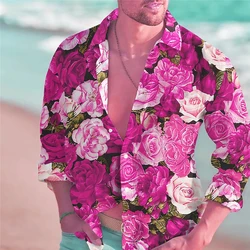 2024 Fashion Men's Shirt Hawaiian Shirt Floral Rose Pattern Print Lapel Outdoor Street Long Sleeve Button Clothing Plus Size 6XL