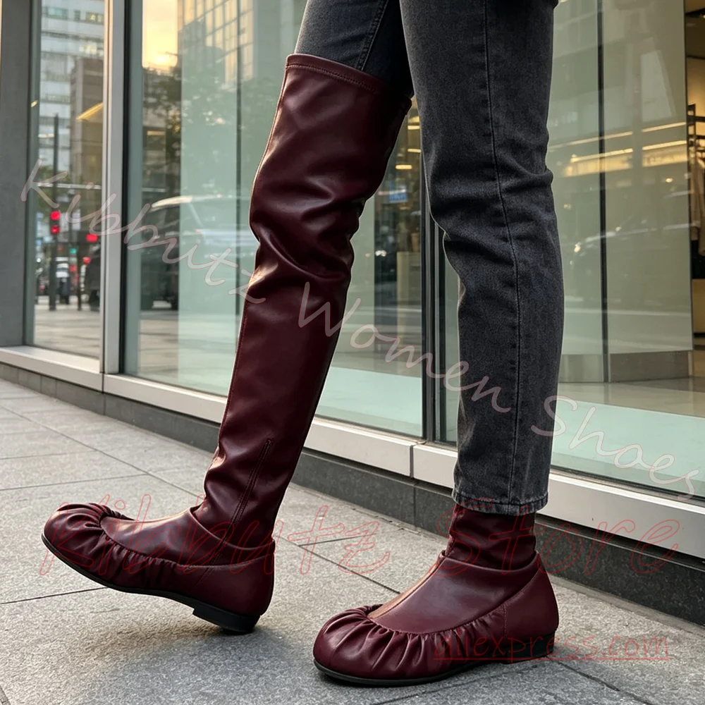 Over Knee Boots Flat Heel Stretch Leather Women Ruched Soft Minimalist Alt Street Style Daily Footwear Solid Color Fashion Shoes