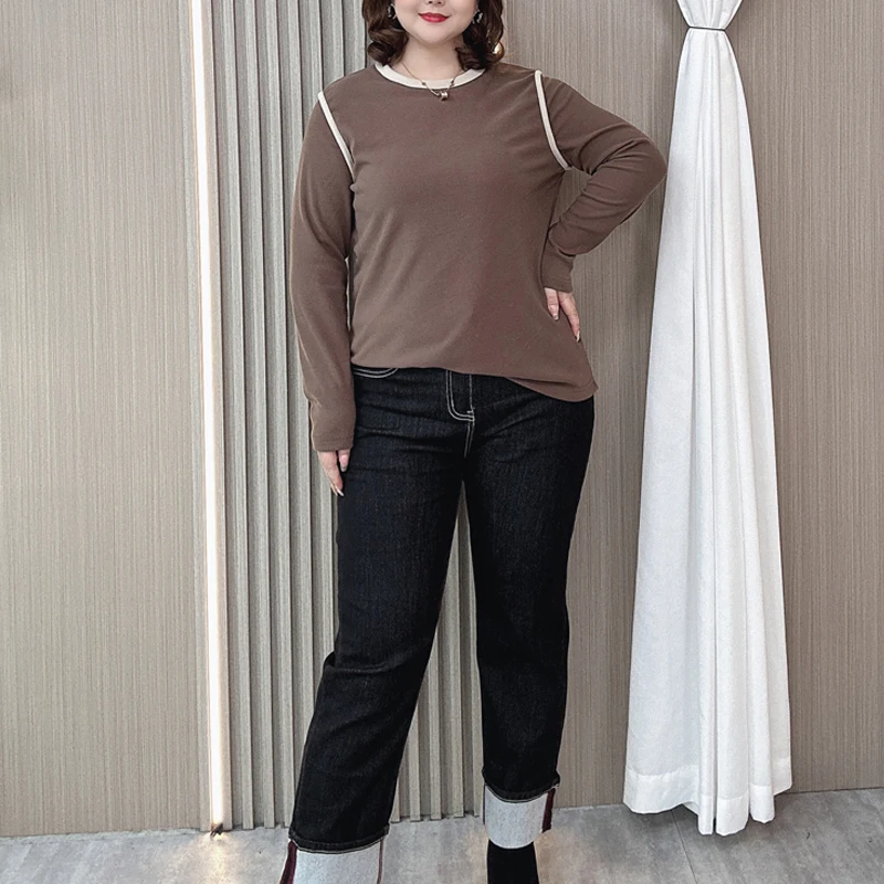 Plus Size Long Sleeve T-shirt Women Autumn Winter DE Velvet Warm Tees Clothes Fashion Loose O-neck Block Color Top 8122