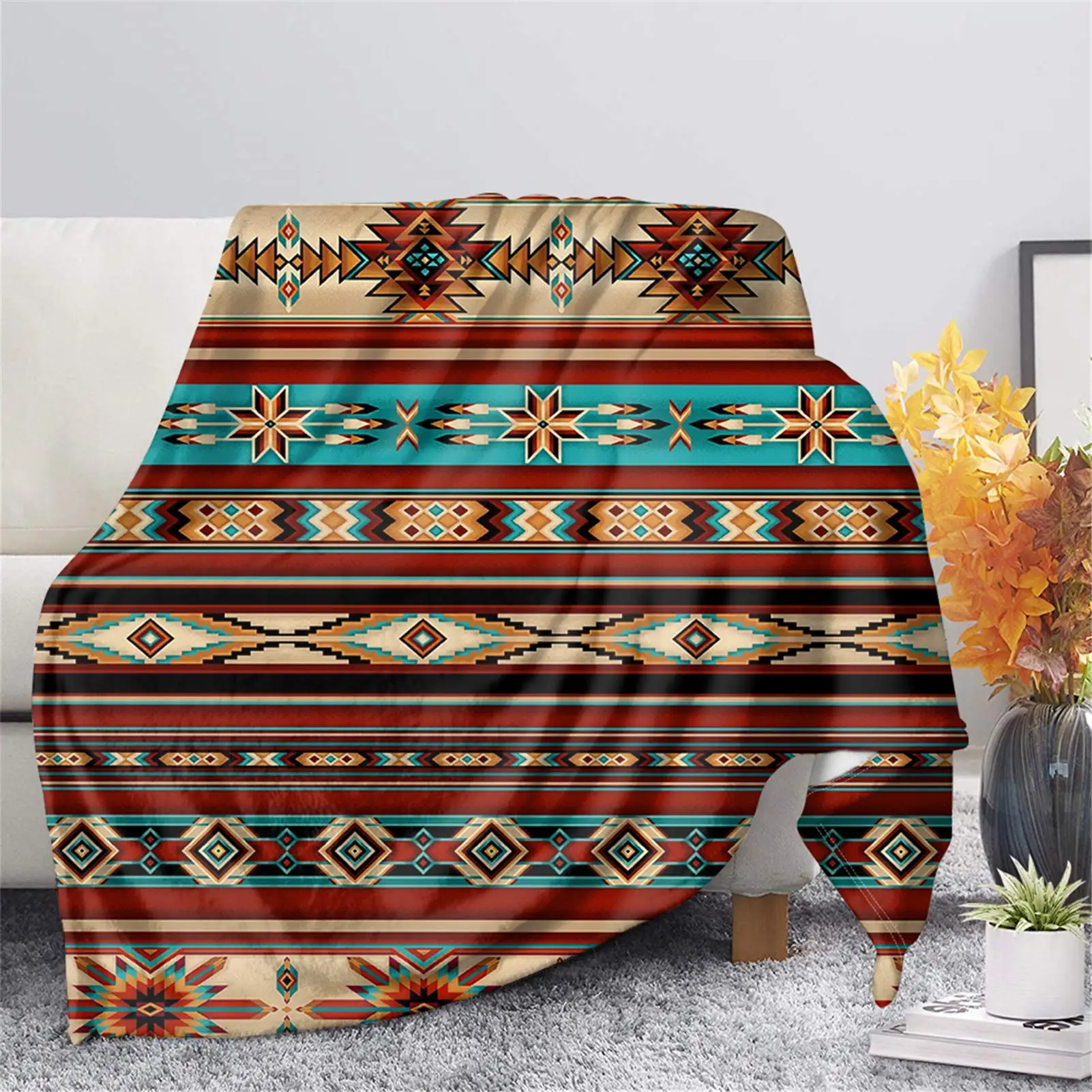 Southwest Style Flannel Throw Blanket Mandala Boho Geometric Pattern Lightweight Warm Blankets Home Hotel Boho Decor Bed Blanket