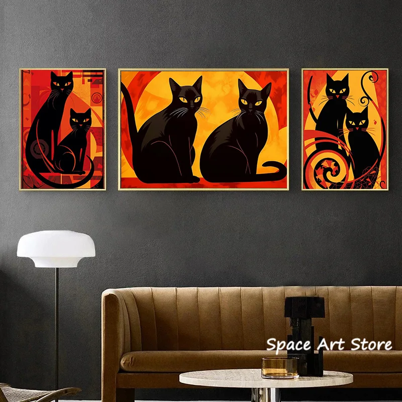 Vintage Black Cat Poster Abstract Animal Canvas Painting HD Print Wall Art Picture Living Room Bedroom Decor Aesthetics