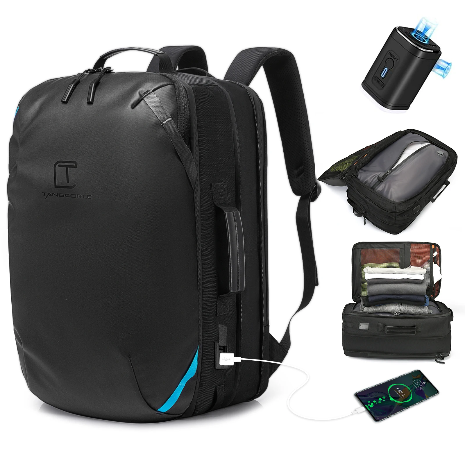 TANGCOOL Vacuum Compression Backpack Waterproof Laptop Backpack with USB Anti Theft Expandable Travel Luggage Bag Business Trip