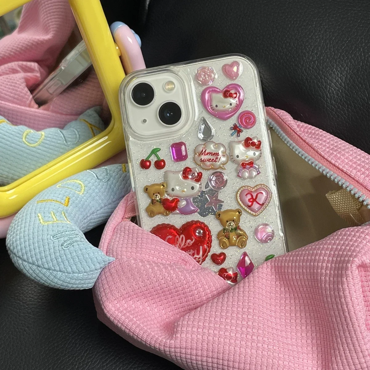 3d sanrio hallo kitty aufkleber glitter y2k mädchen telefon hülle für iphone 16pro 11 12 13 14 15 pro max anti-drop soft back cover geschenk