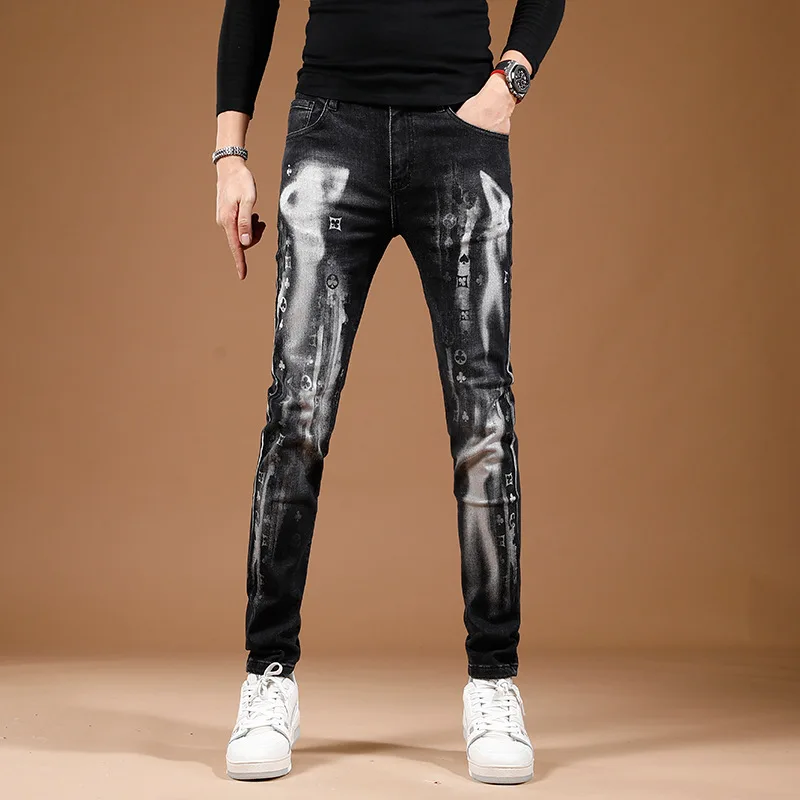 Black Jeans Men's Slim Fit Skinny Stretch Nightclub Party Printed Pants Personality Street Fashion Denim Trousers