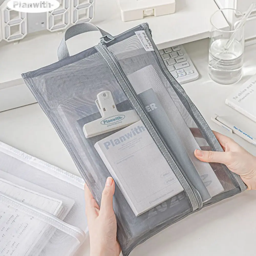 Multifunctional Mesh Zipper Pouch Transparent Solid Color File Folder Bag Large Capacity Nylon Stationery Organizer Pouch
