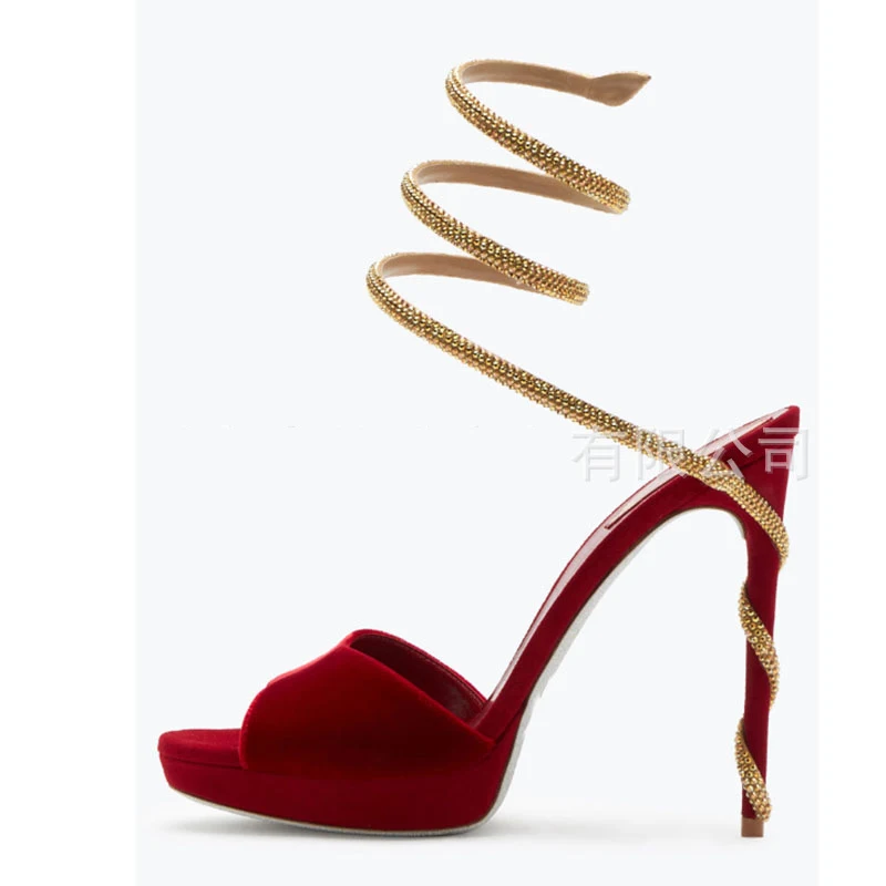 

Rhinestone Ankle Wrapped Stiletto Heel Round Toe Sandals One-Strap Silver Sole Large Size Women Shoes Fashion Catwalk High Heels