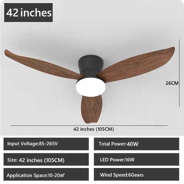Modern Ceiling Fan with LED Light 3 Colors, 6 Speeds, 36 Inch/42 inch Electric Fans 3 Blades for Kitchen Bedroom Dining Room image 3