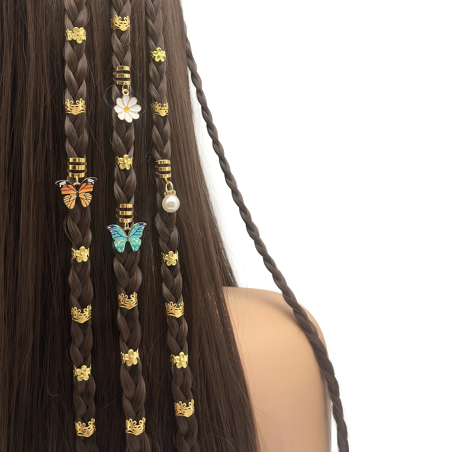 34pcs Spring Garden Hair Rings with Yellow&Green Butterfly, Daisy, Pearls, Plum Blossom & Crown  Jewelry for Women's Dreadlocks