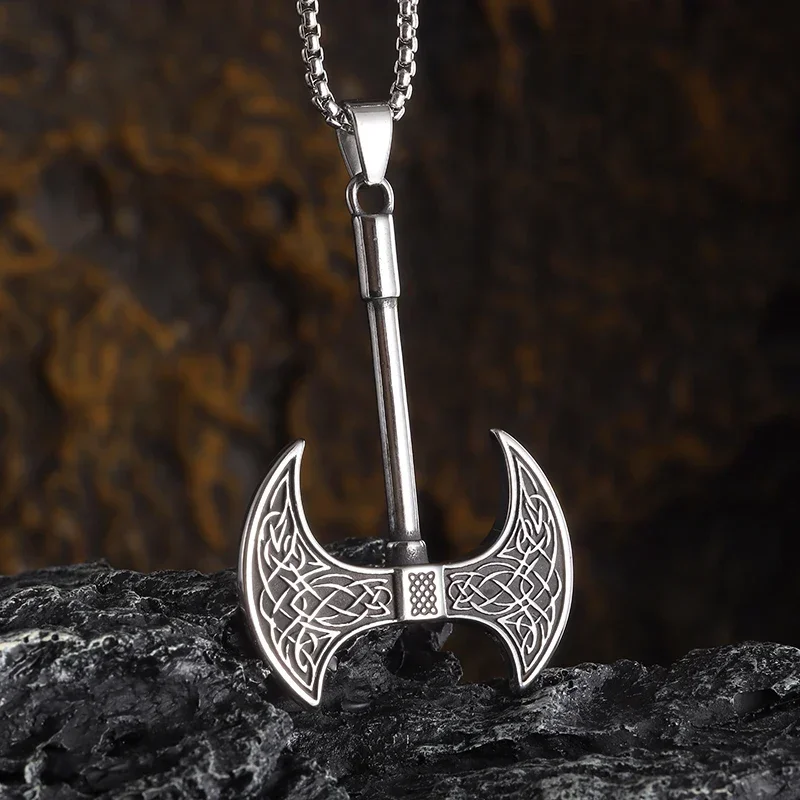 Retro Nordic Celtic Knot Wolf Head Double Edge Tomahawk Necklace Men's Fashion Cool Rock Jewelry Gift