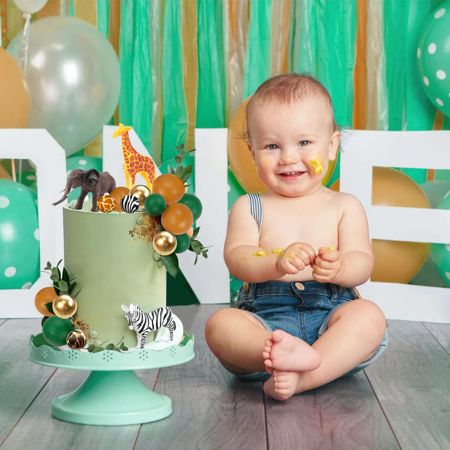 24pcs Safari Animals Cake Decorations Green Orange Balls Cake Toppers for Jungle Wild Birthday Baby Shower Safari Birthday Party