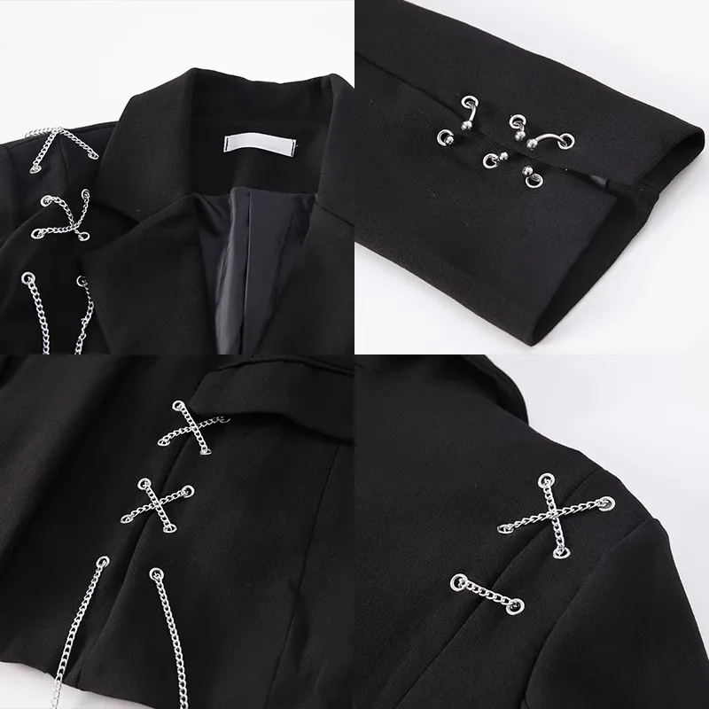 2023 Autumn Elegant New Gothic Women Blazer Jacket Casual Fashion Solid Single-breasted Pocket Chain Coat Streetwear Y2k Top