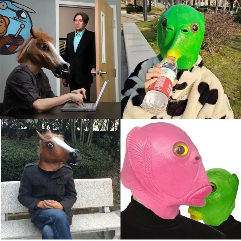 مضحك الحيوان هود الأسماك والحصان جميع القبعات الشاملة أداء شعبي كرنفال مهرجان زي حفلة الدعامة الملحقات