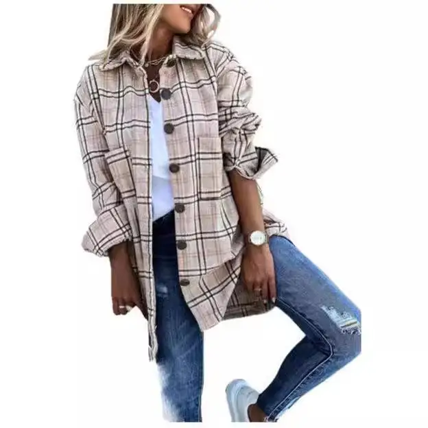

Women's Plaid Woolen Coat irt Thiened Long Sve Autumn Season Polyester Fiber Ladies Premium Faion Outerwear