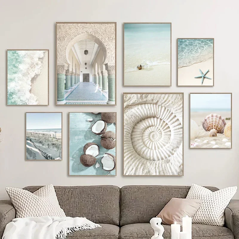 Frameless Canvas Painting Scandinavian Simple Wall Art Summer Ocean Seashells Starfish Waves HD Canvas Poster Prints Home Bedroo