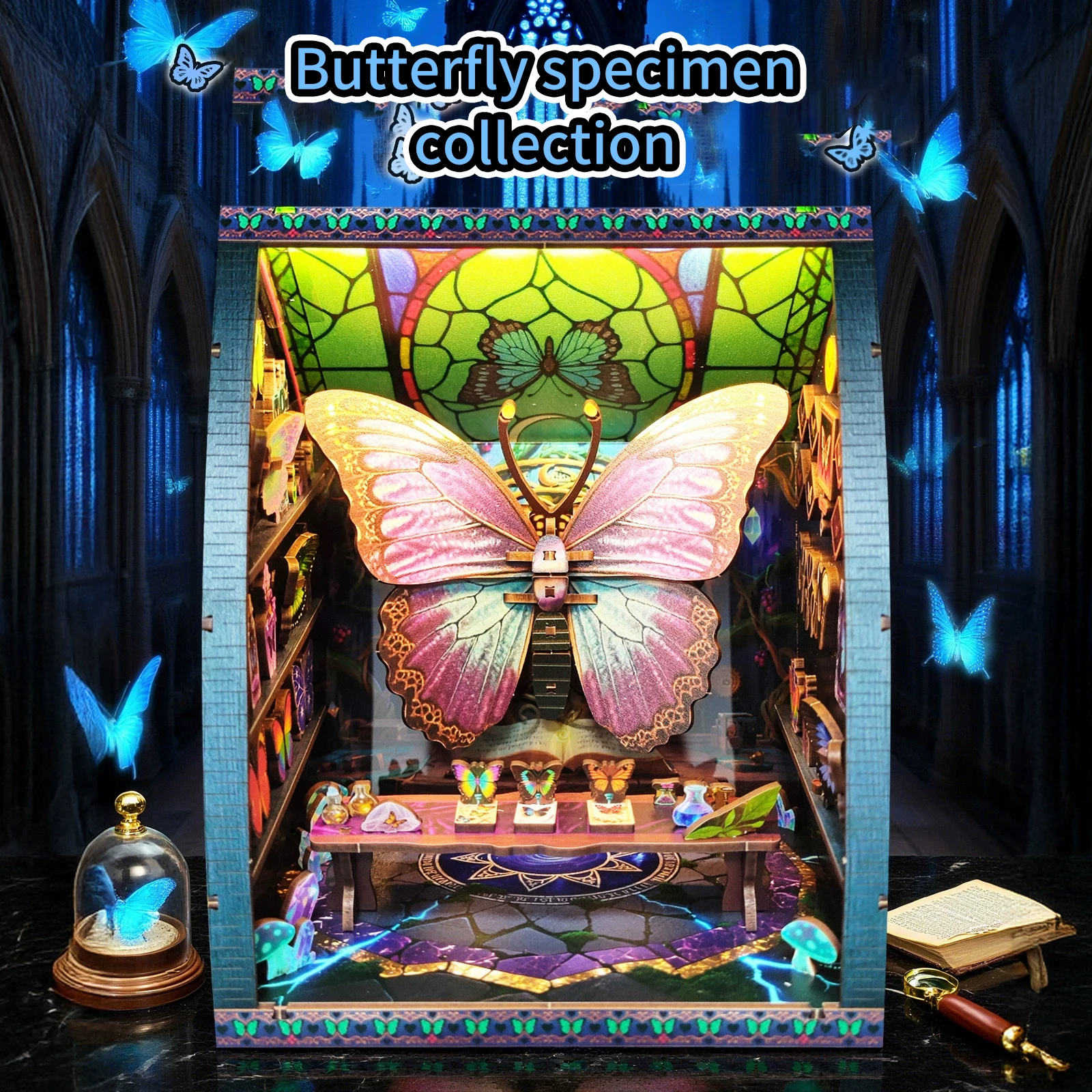 

3d wooden puzzle for adults Butterfly Specimen Museum book nook with lights model kit dollhouse DIY miniature house Birthday and