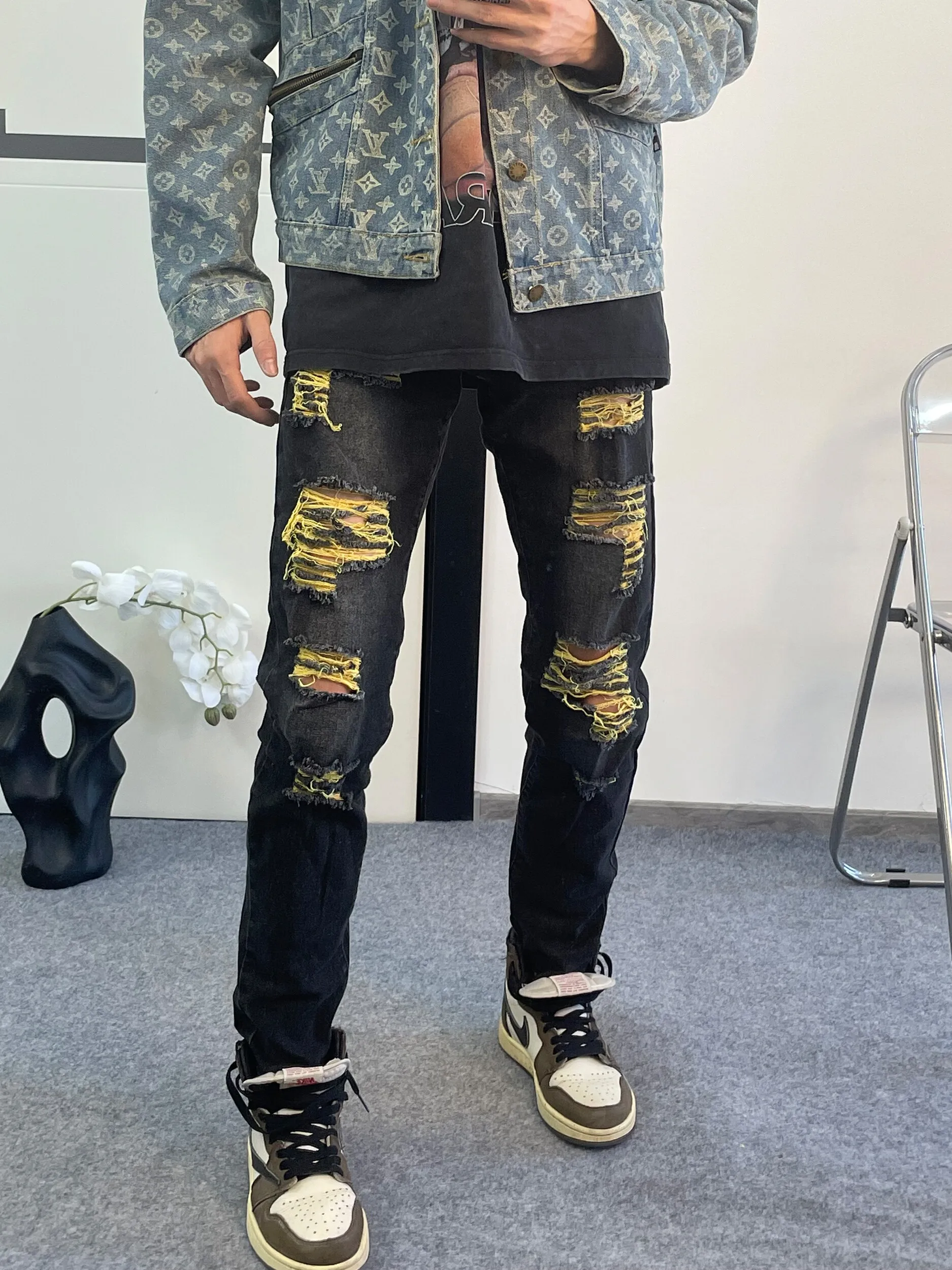 

Trendy Men's Ripped Denim Pants Patchwork Casual Straight Leg Slim Fit Long Trousers Retro Korean Large Size Poor Man's Pants