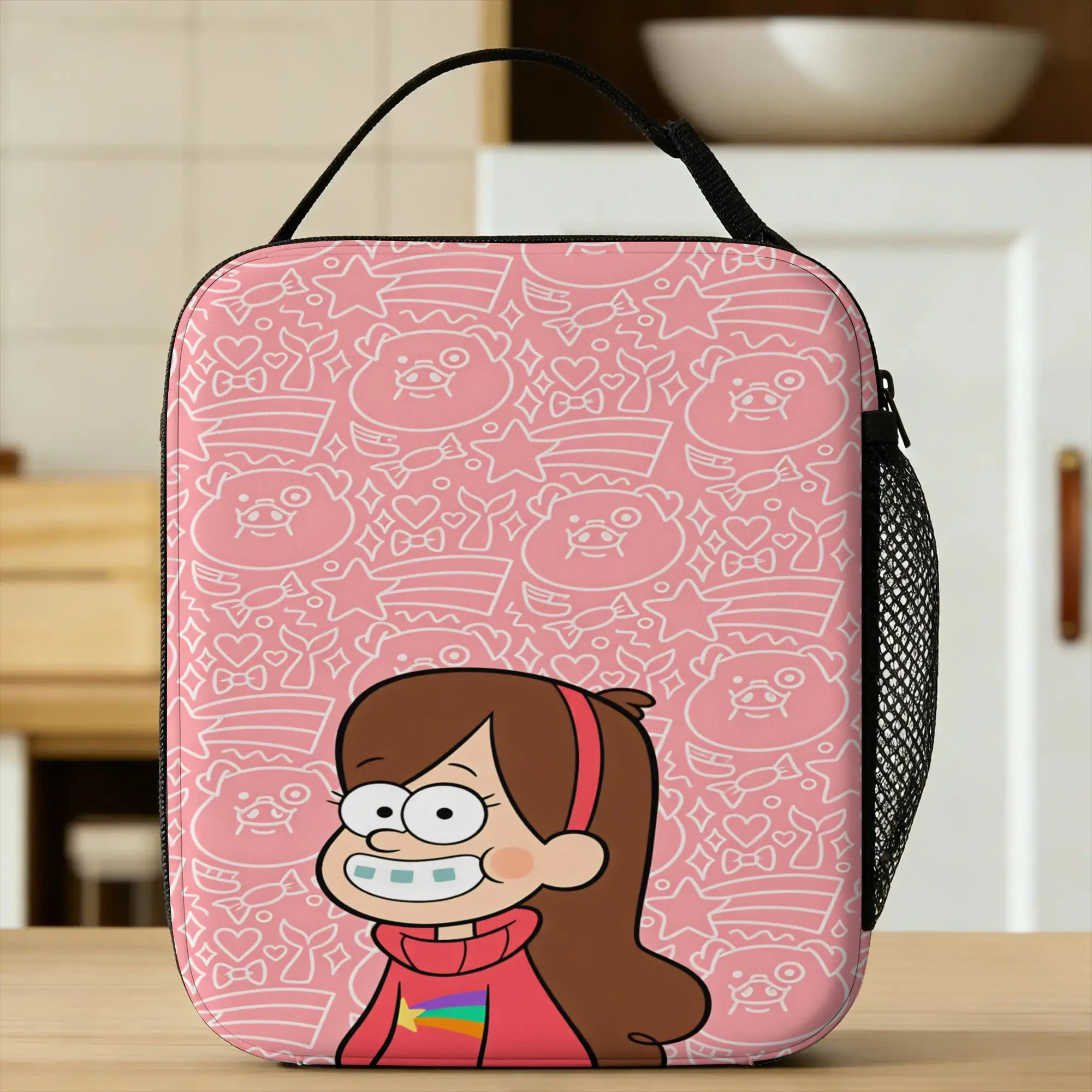 Mabel Lunch Bag G-Gravity Falls Portable Zipper Lunch Box Child Picnic Print Cooler Bag Vintage Waterproof Thermal Lunch Bags