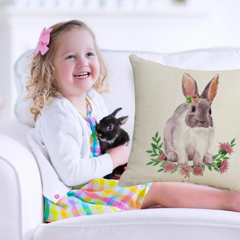 غطاء وسادة من الكتان لعيد الفصح ، طباعة أرنب عيد الفصح ، وسادة أريكة ، سيارة ، منزل ، ديكور غرفة المعيشة ، 45x45 سم