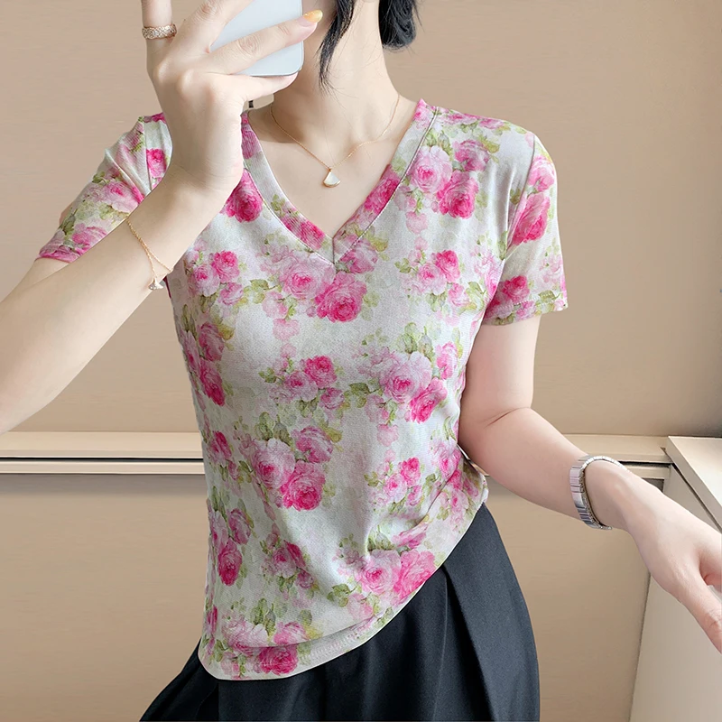2025 Summer New Fashion Mesh Print Short Sleeve V-Neck T-Shirt Women - Slim Fit, Skinny, Soft & Comfortable Blouse