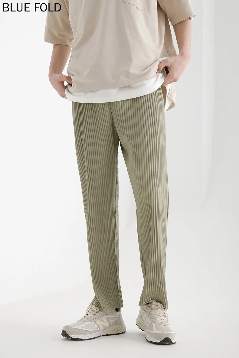 Miyake-Pantalones plisados para hombre, pantalón de zanahoria elástico, informal, suelto, de nueve puntos, ropa de verano