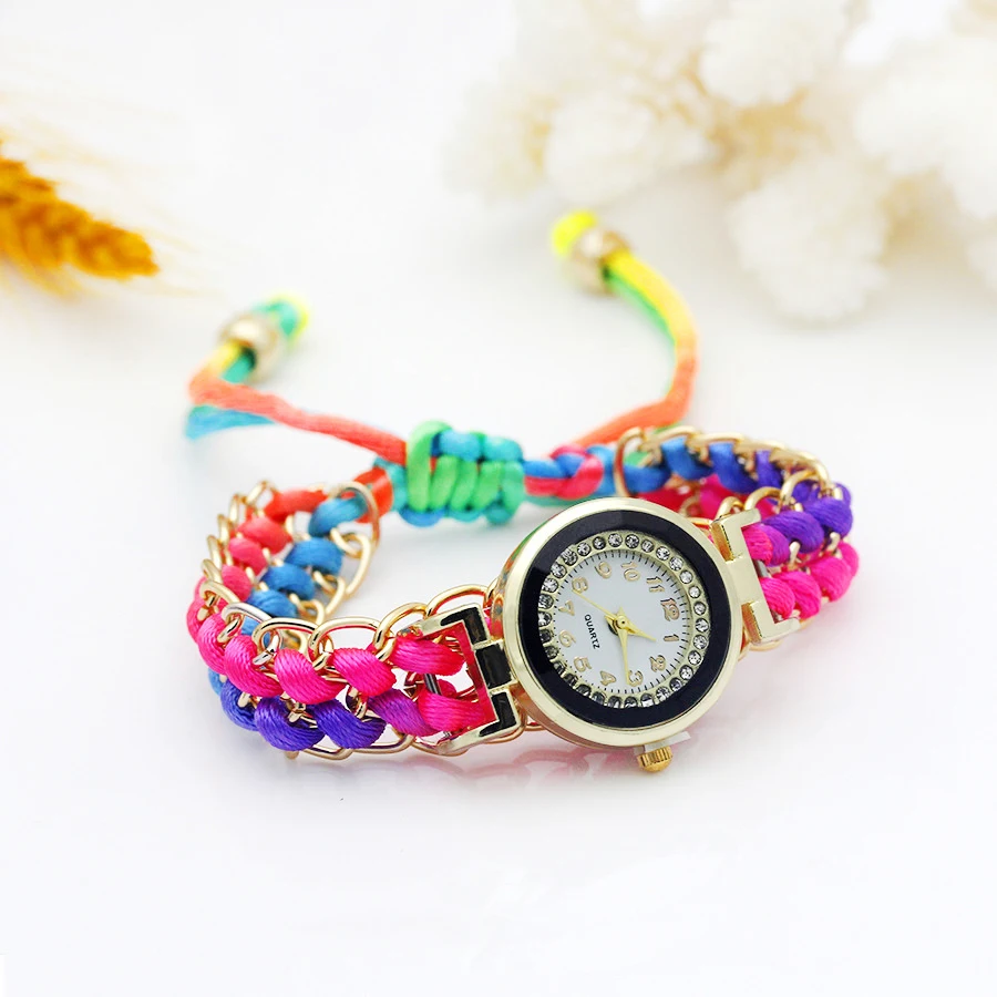 Reloj de vestir de oro para mujer, pulsera tejida a mano con flores, diamantes de imitación brillantes de Color, reloj de tela para niña dulce, nuevo