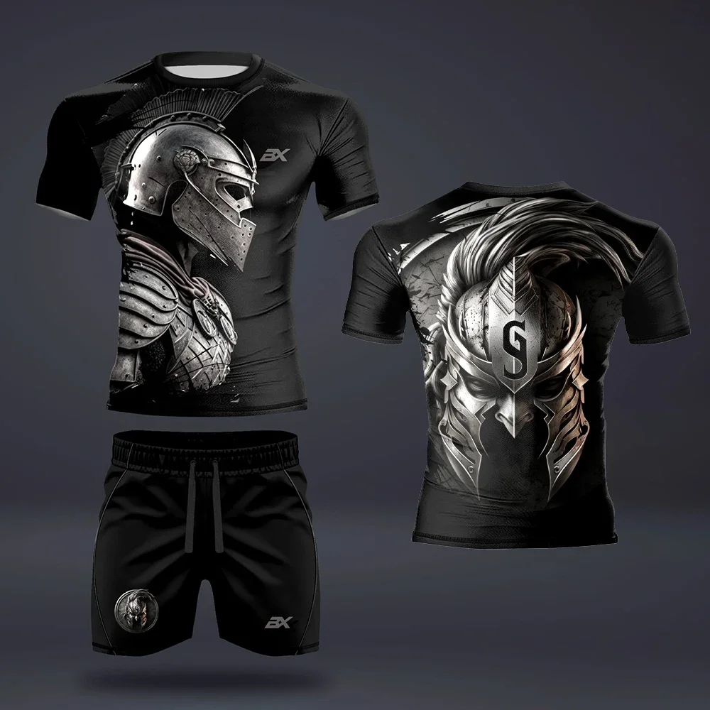 

Y2K Men's Summer Sports Casual T-Shirt Set 2 Pieces Cool Metal Armor Print Street Fashion Set Short Sleeves and Shorts for Men