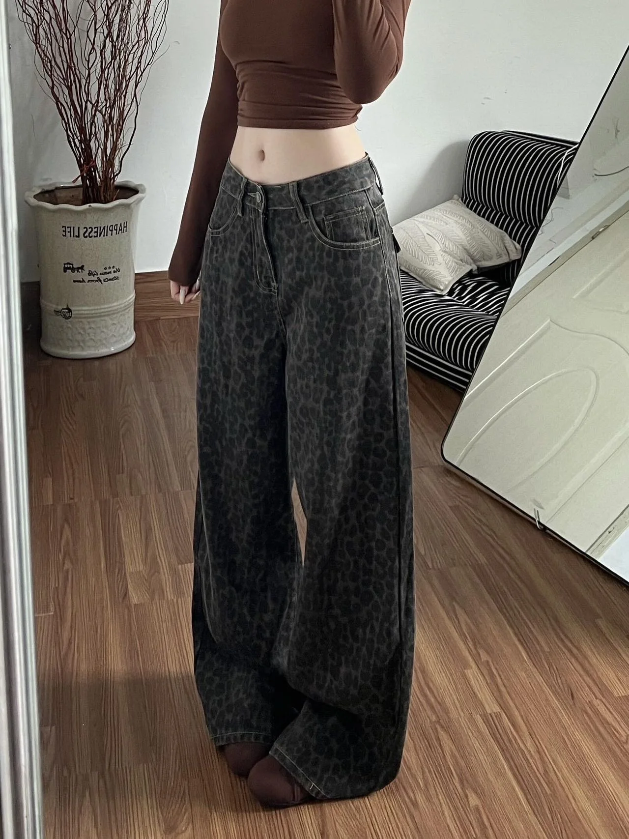 American Retro Leopard Print High Waist Loose Women's Jeans Commute Style Wide Leg Pants Slimming Long Trousers