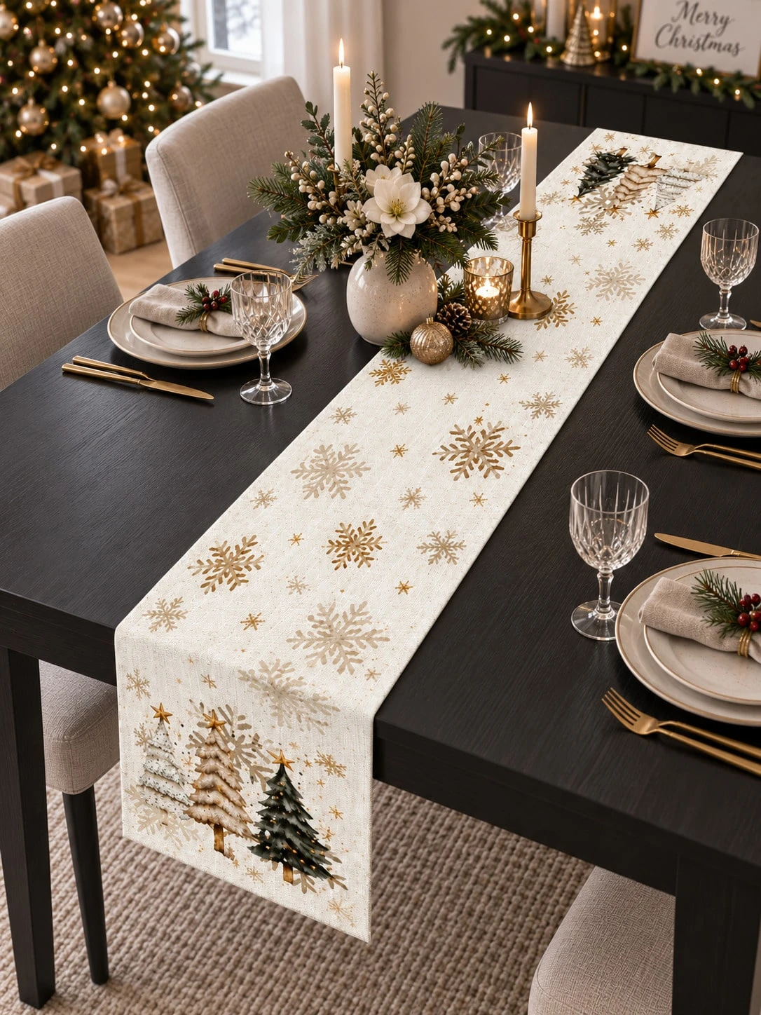 1pc Neutral Christmas Linen Table Runner Rustic Golden Snowflake Pine Tree Pattern, Long Dresser Scarf for Kitchen Dining Room