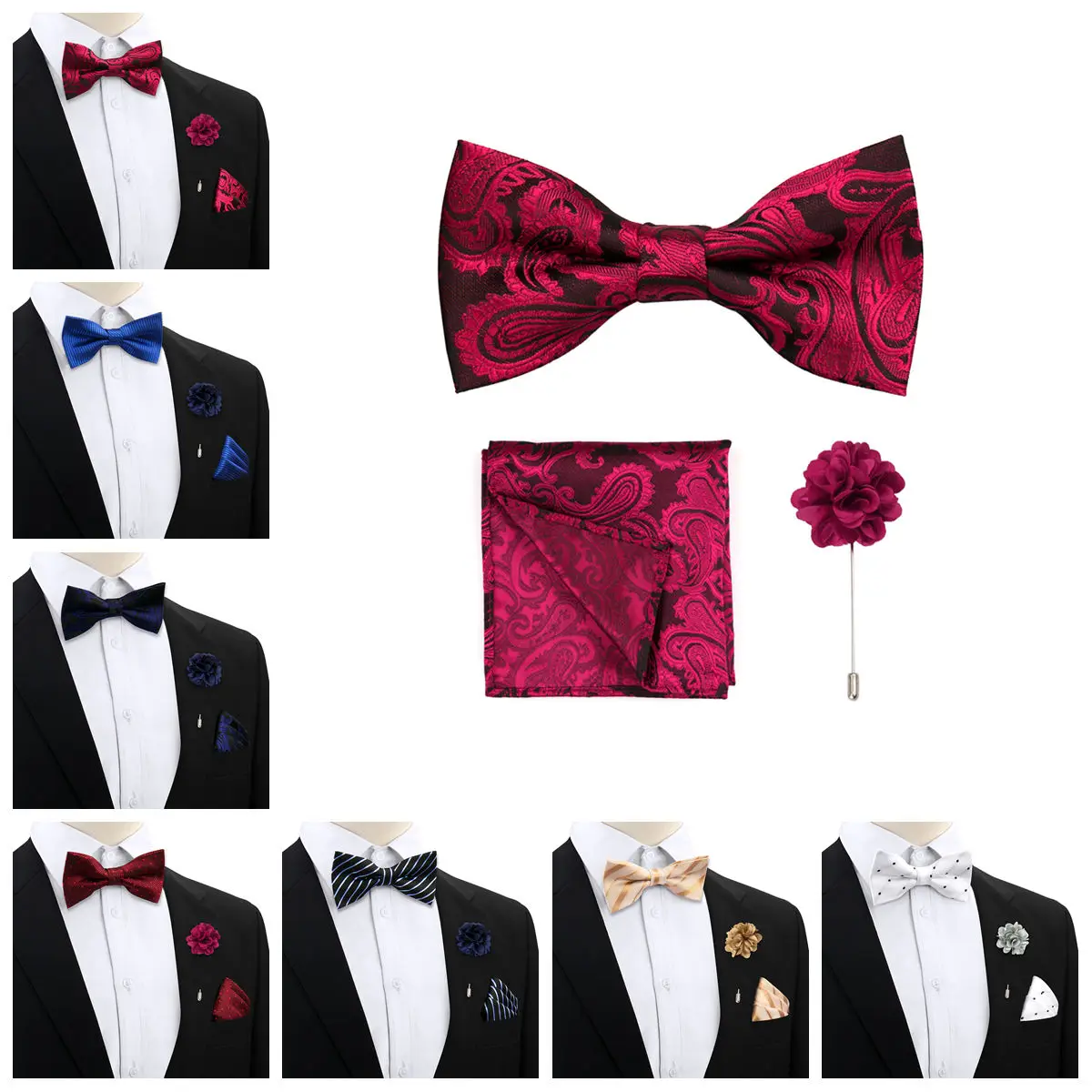 

55 Styles Men Bow Tie Sets 3 Pcs Brand New Luxury Classic Stripe Pocket Square Brooch Paisley Floral Polka Dot Wedding Business