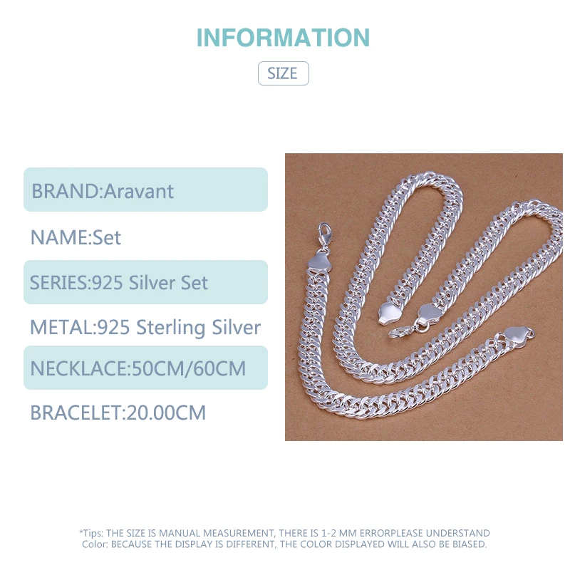 Aravant-Conjunto de pulsera y collar de cadena de plata de ley 925, 6MM, 7MM, 10MM, para hombres y mujeres, joyería de boda a la moda
