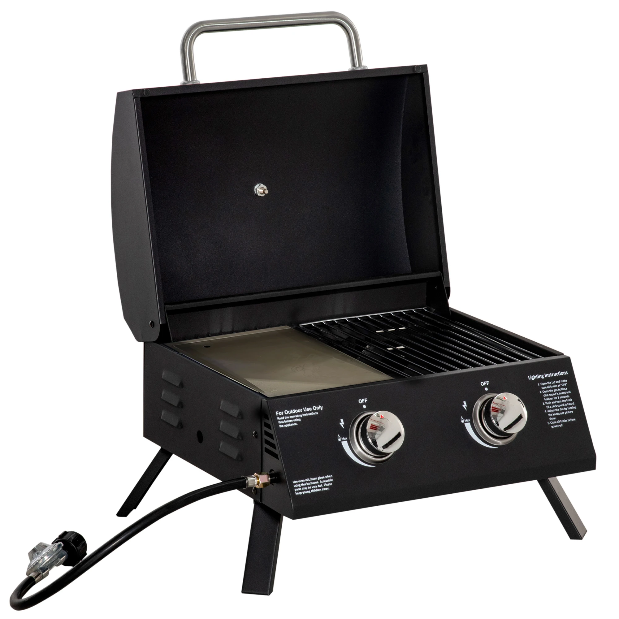 Barbacoa de gas portátil de sobremesa con patas plegables - 2 quemadores de 5 kW - Barbacoa de gas para camping - recipiente