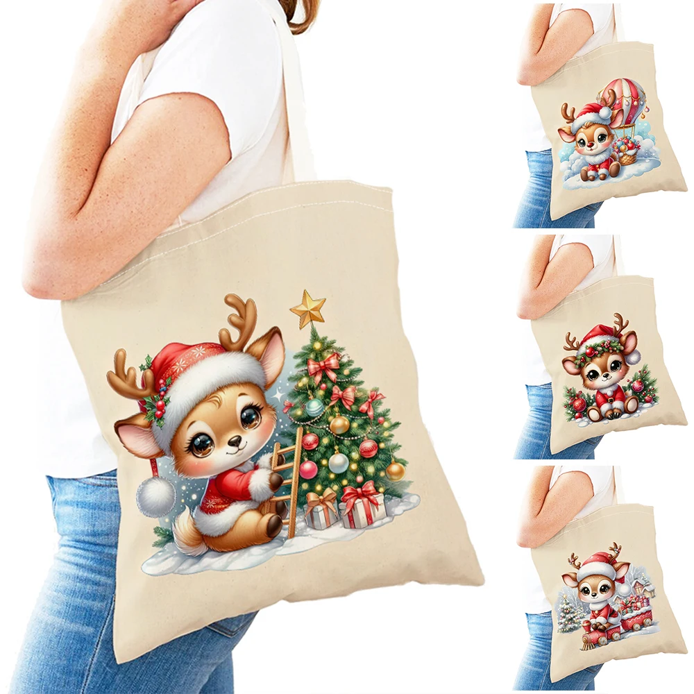 Christmas Red Reindeer Shopping Bags Cute Cartoon Girl Gift Double Print Canvas Shopper Bag Fairy Tale World Lady Handbag Tote