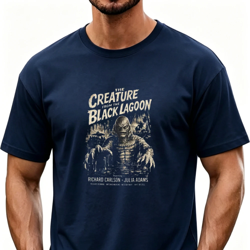 Vintage Horror Movie T-Shirt Creature From The Black Lagoon Crew Neck Tee Classic Monster Retro Swamp Creature Streetwear Tops