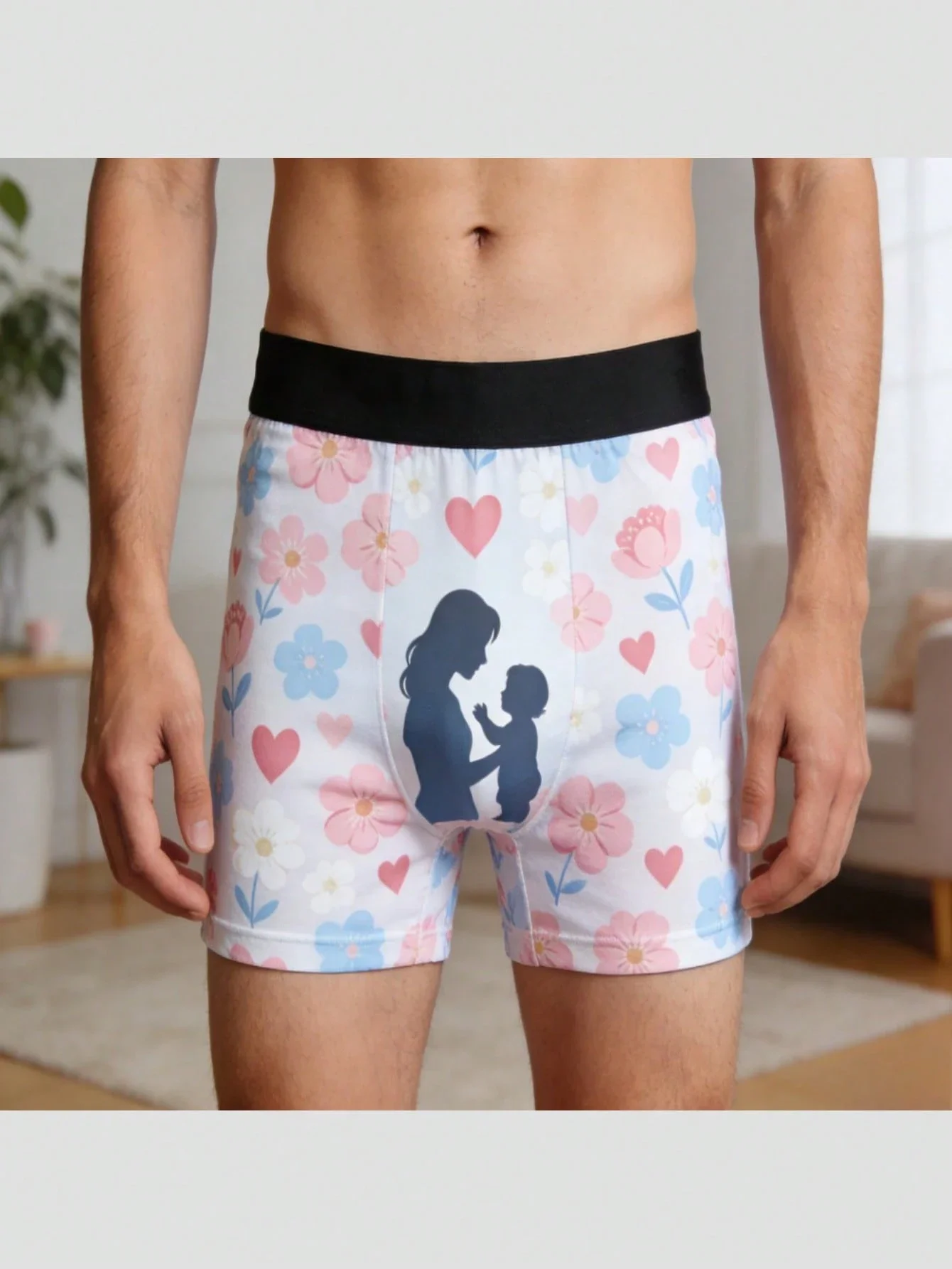 

Мужские трусы-боксеры с цветочным принтом в виде сердечек и силуэтом матери и ребенка