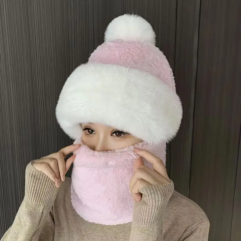 Women Winter Beanie Hats One-Piece Fleece Lined Knit Balaclavas Mask Set Skull Neck Circle Scarf Ski Snow Hat Cap with Pompom view 6