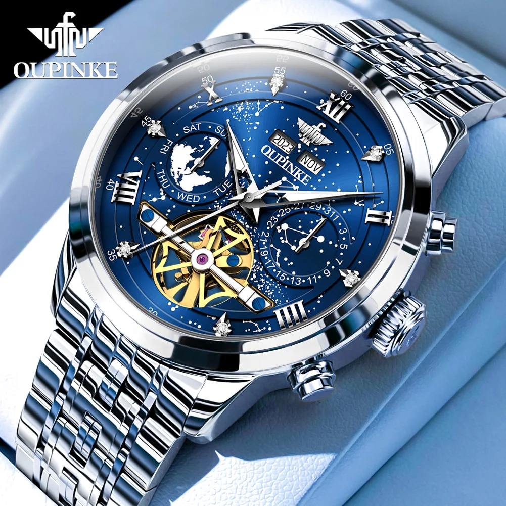 

OUPINKE Men Watches Top Brand Business Fashion Original Automatic Mechanical Watch for Man Hollow Out Flywheel Movement Sapphire
