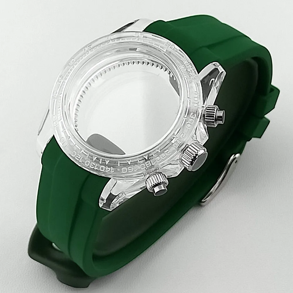39,5mm Herren-Uhrengehäuse aus Acryl, transparent, geeignet für VK63, mit schwarzem, blauem, grünem, weißem Armband, Uhrenteile und Zubehör – Detail 12
