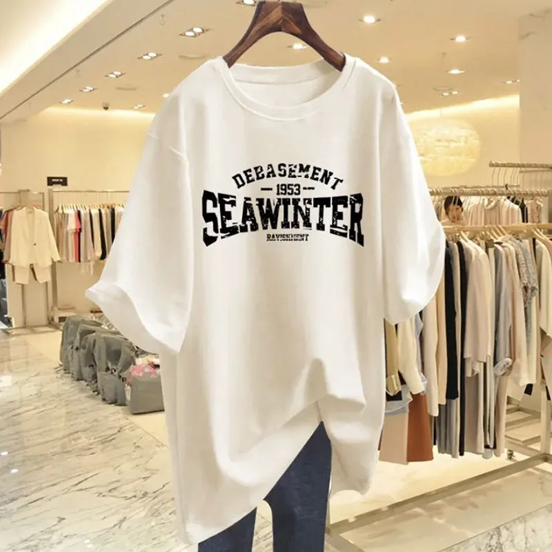 Women Clothing Cotton O-neck Short Sleeve Basic T-shirt Summer Fashion Casual Letter Printing Top Tee Chic Oversized Pullover