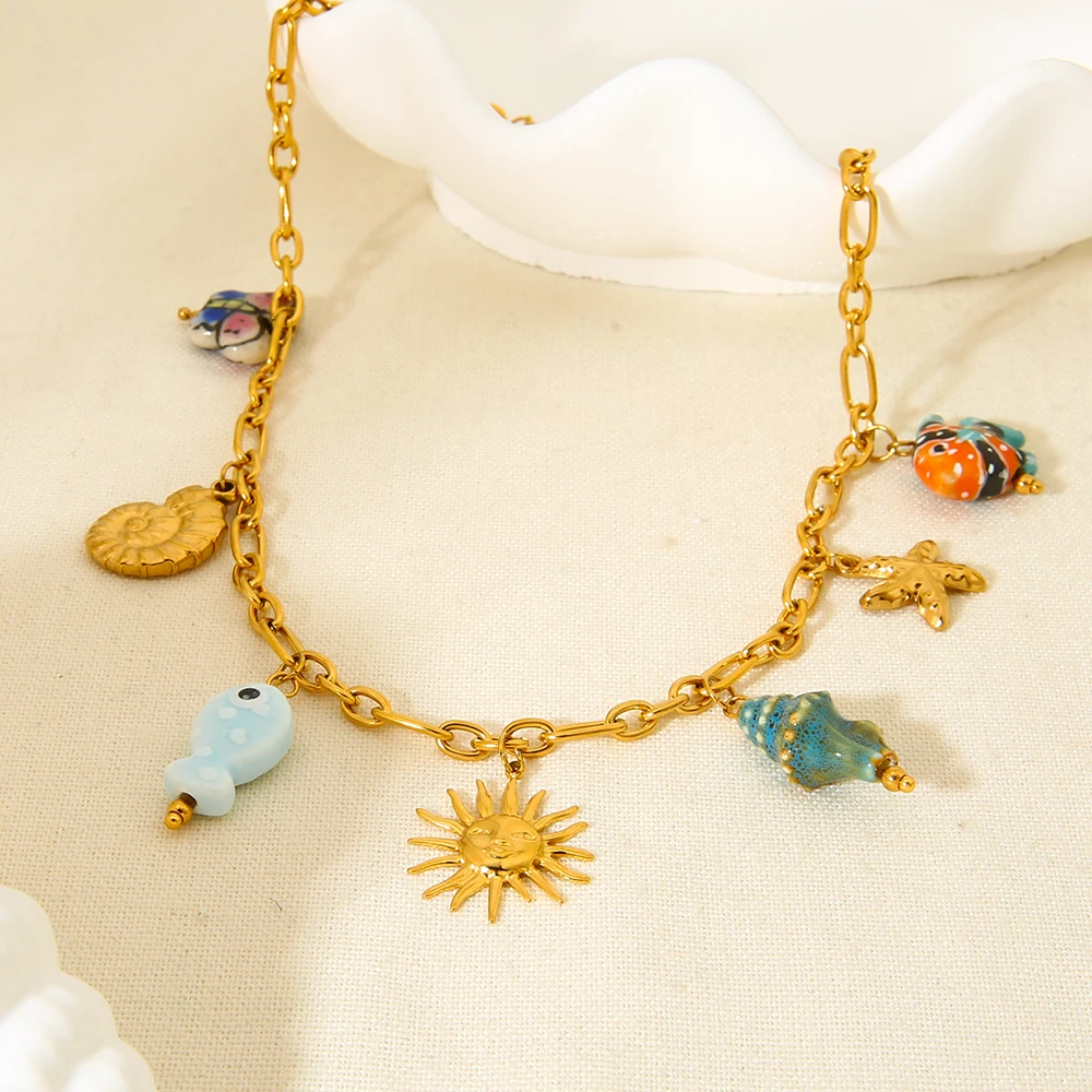 

INS Ocean Necklace 18K Gold Plated Ceramic Conch & Tropical Fish Pendant Necklace for Women Waterproof Jewelry Gift