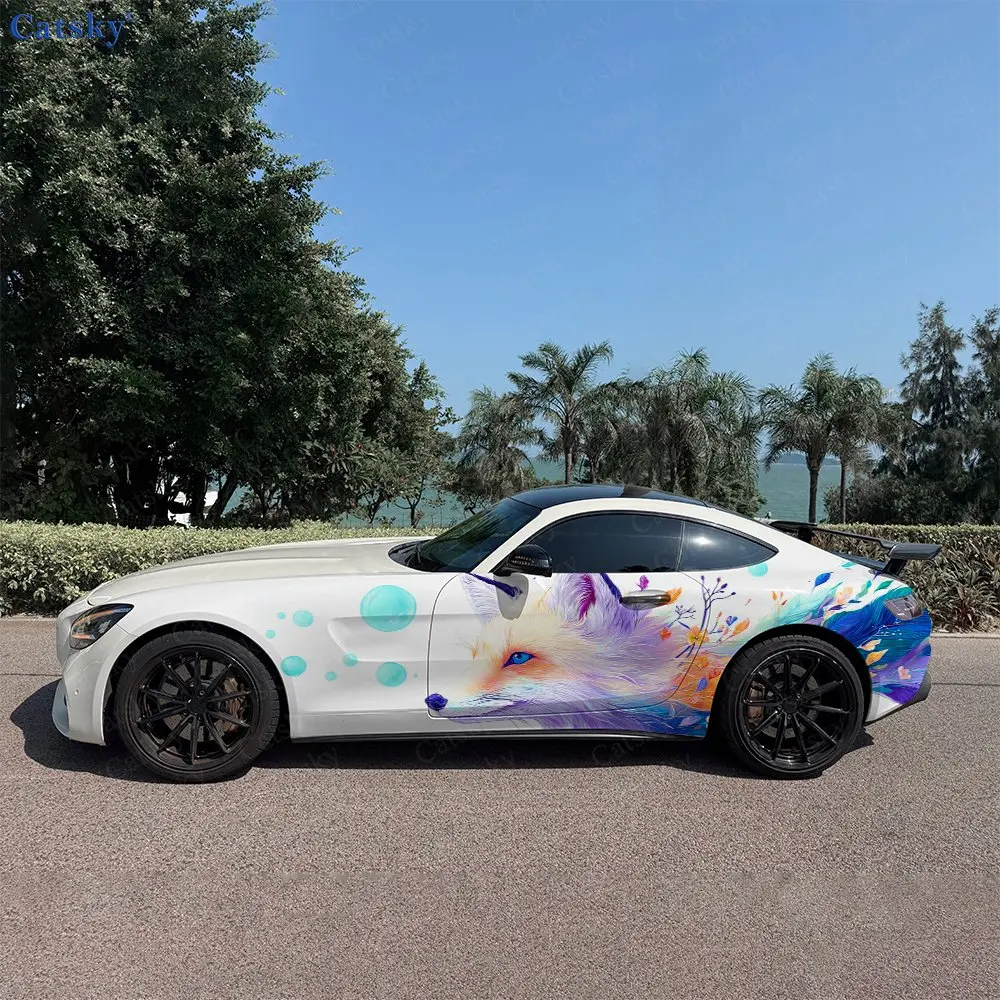 Pink To Purple Gradient Spirit Fox Car Side Wraps, Self-Adhesive PVC Waterproof & Scratch-Resistant Stickers, Car Accessory Gift