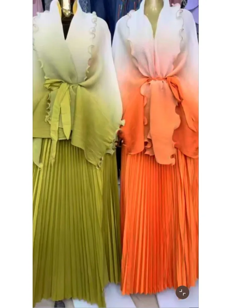 

Miyake PLEATS Fashion Crinkle Texture Set for Women Gradient Color Earring Bat Wing Sweater Top + Long Dress Two-Piece Set 2025